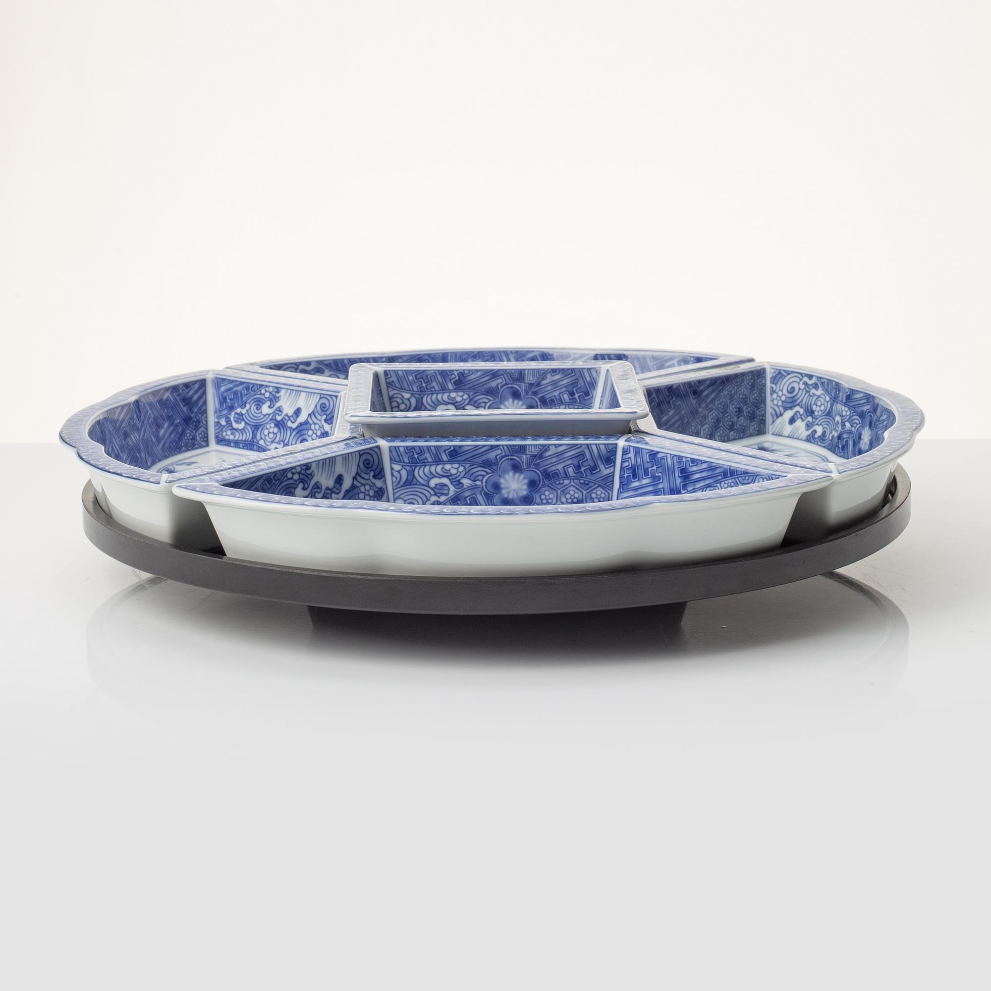 A Japanese blue and white six piece cabaret on a 'lazy Susy', secon half of the 20th century.