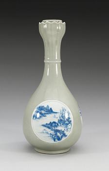 A celadon ground blue and white vase, late Qing dynasty with Qianlongs  mark.