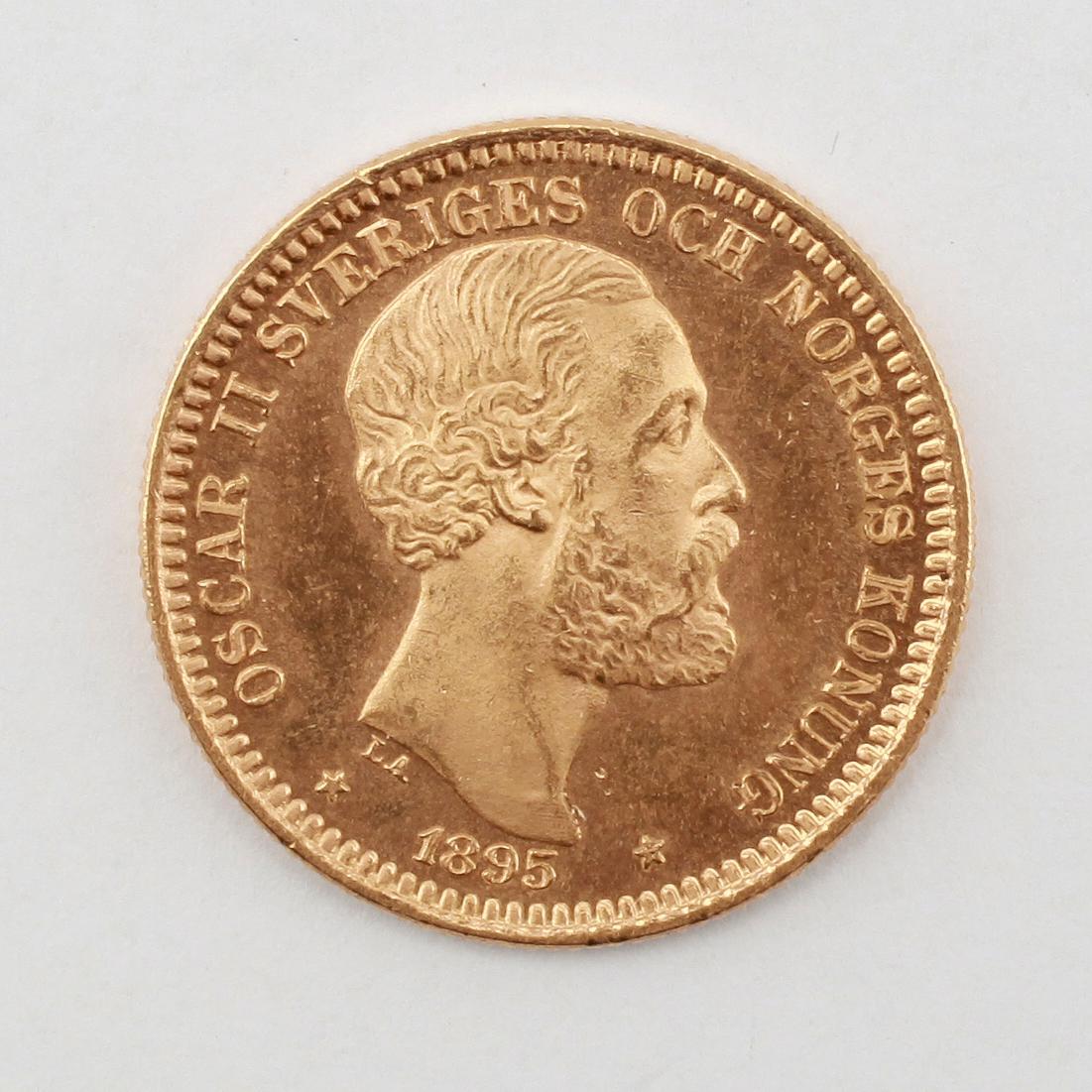 GULDMYNT, 20 kronor, Oscar II, 1895. Vikt ca 9 gram.