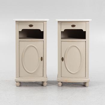 A pair of painted stone top bedside tables, early 20th Century.