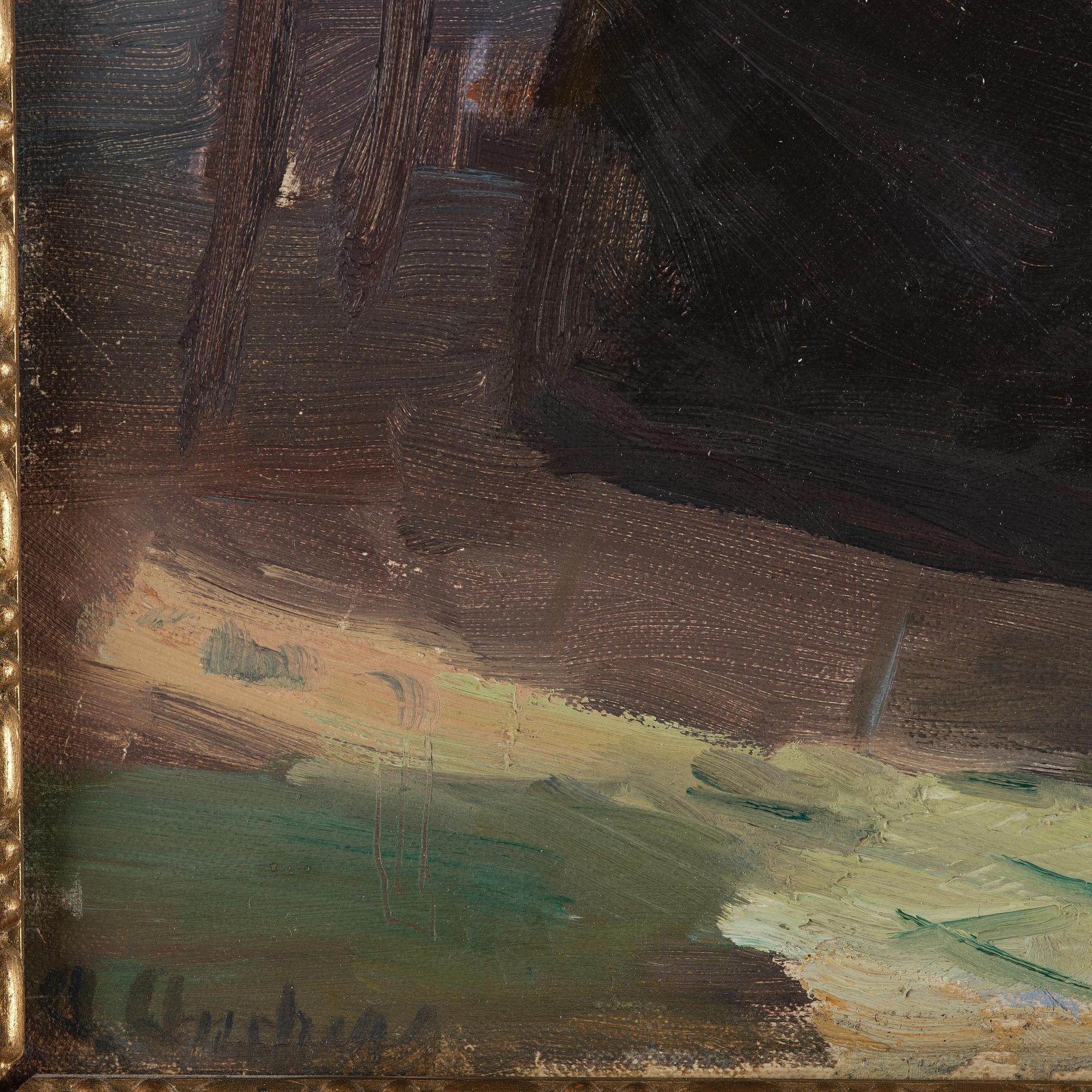 Anna Ancher, Interior of the blue room with the artist's mother Ane Brøndum reading.