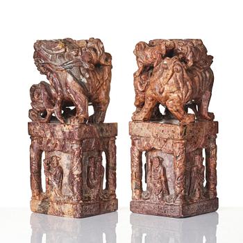 A pair of large soapstone seal stamps, late Qing dynasty/circa 1900.