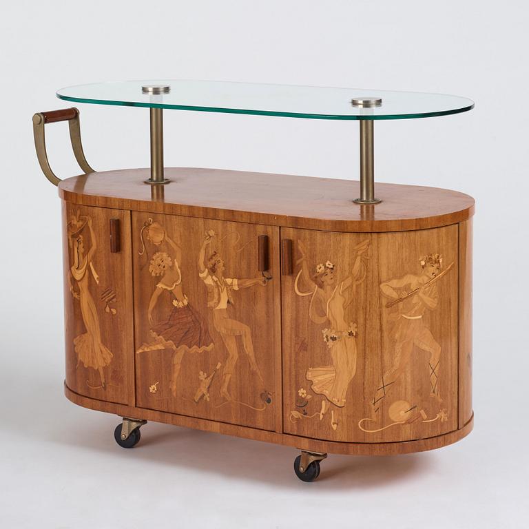 Birger Ekman, attributed to, a Swedish Modern bar-trolley by Mjölby Intarsia, 1930-1940's.