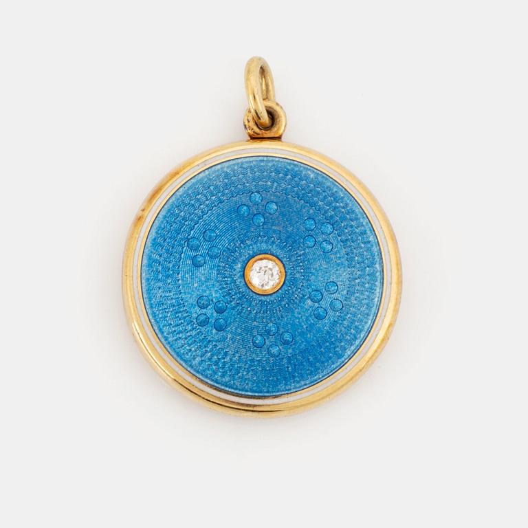 An enamel locket set with an old-cut diamond.