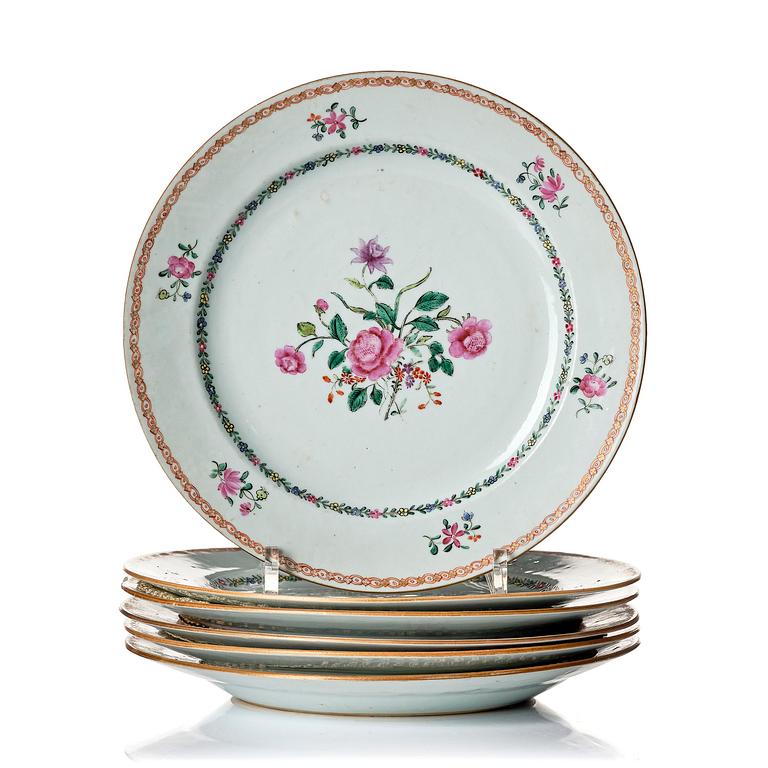 A set of six famille rose diner plates, Qing dynasty, Qianlong (1736-95).