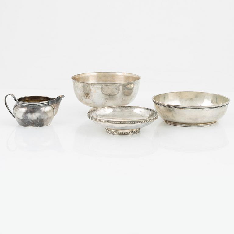 Three silver bowls and creamer, Sweden and Germany, 20th century.