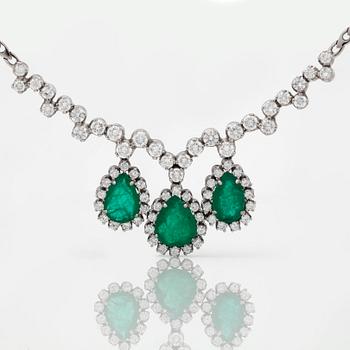A 4.68ct pear shaped emerald and 3.49ct brilliant-cut diamond necklace.
