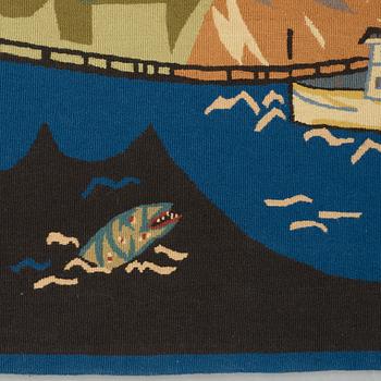 Lars Gynning, VÄVD TAPET, "La Vieille Ville" ("Gamla Stan"), gobelängteknik, ca 93,5 x 198,5 cm, signerad GYNNING MTP fino.