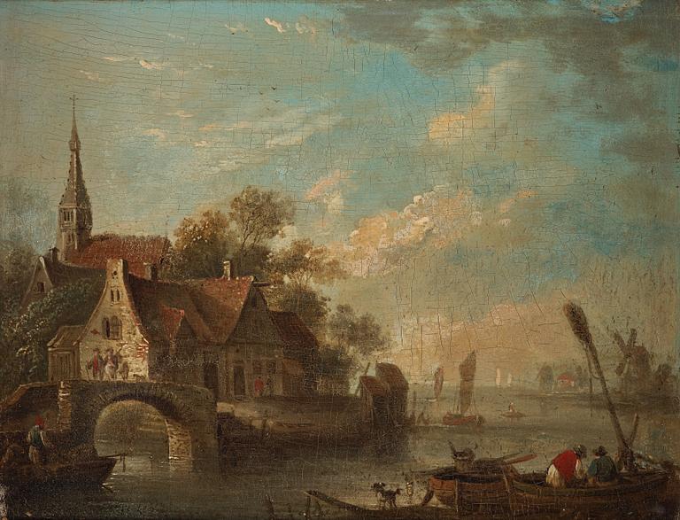 Jan van der Heyden Hans krets, By med kyrka vid vattnet.