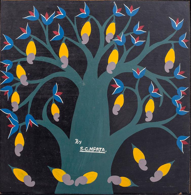 An 1970:s Seymond George Mpata so called Tingatinga- painting, bicycle paint on masonite, signed.