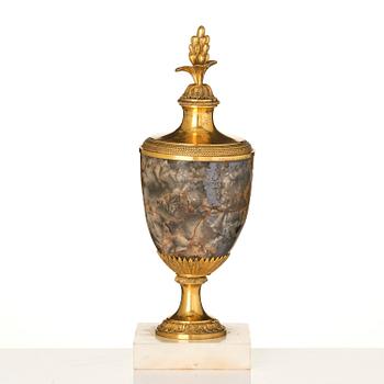 A George III Blue John, marble and ormolu urn, late 18th century.