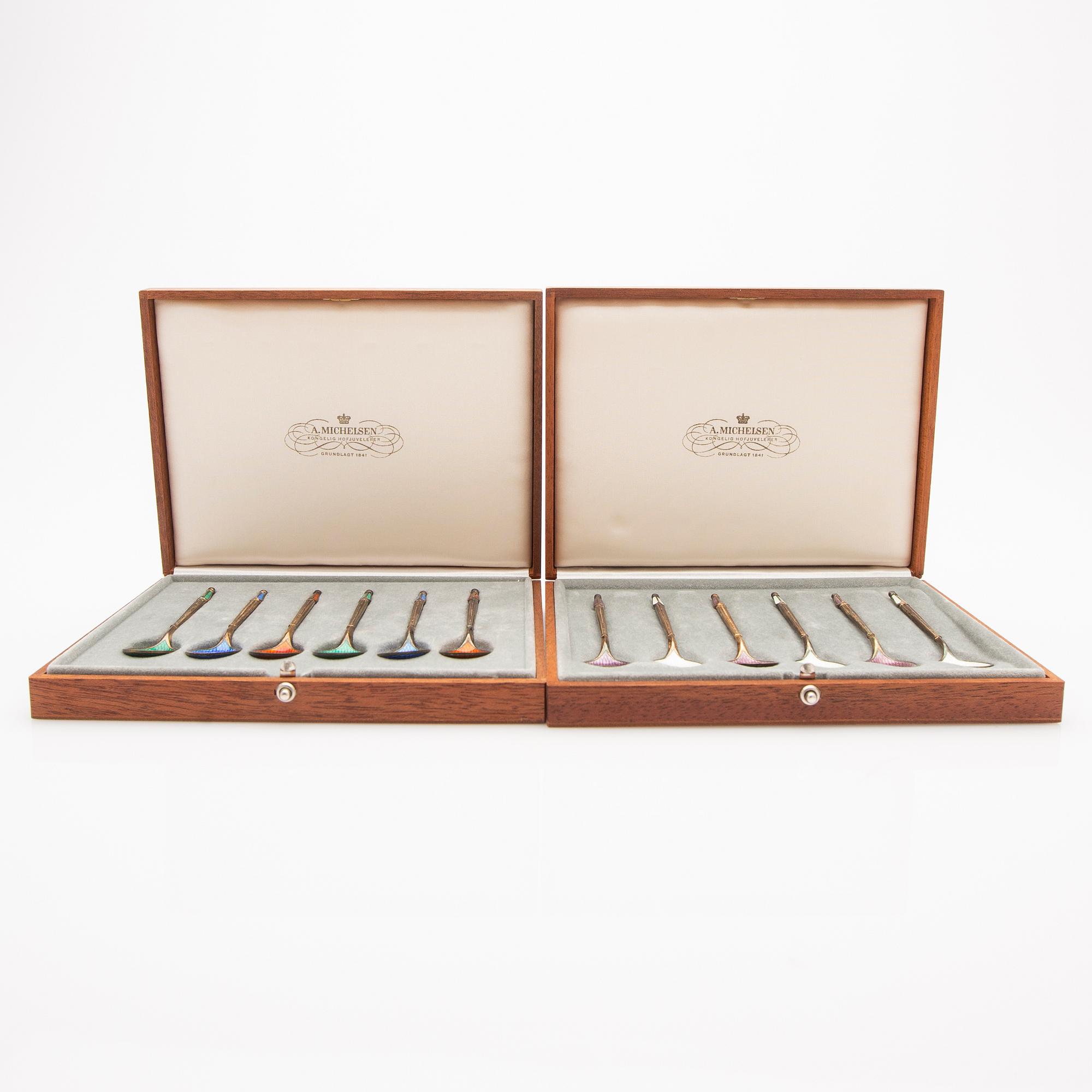 Anton Michelsen, skedar, 12 st, silver och emalj, Danmark, 1900-talets mitt.