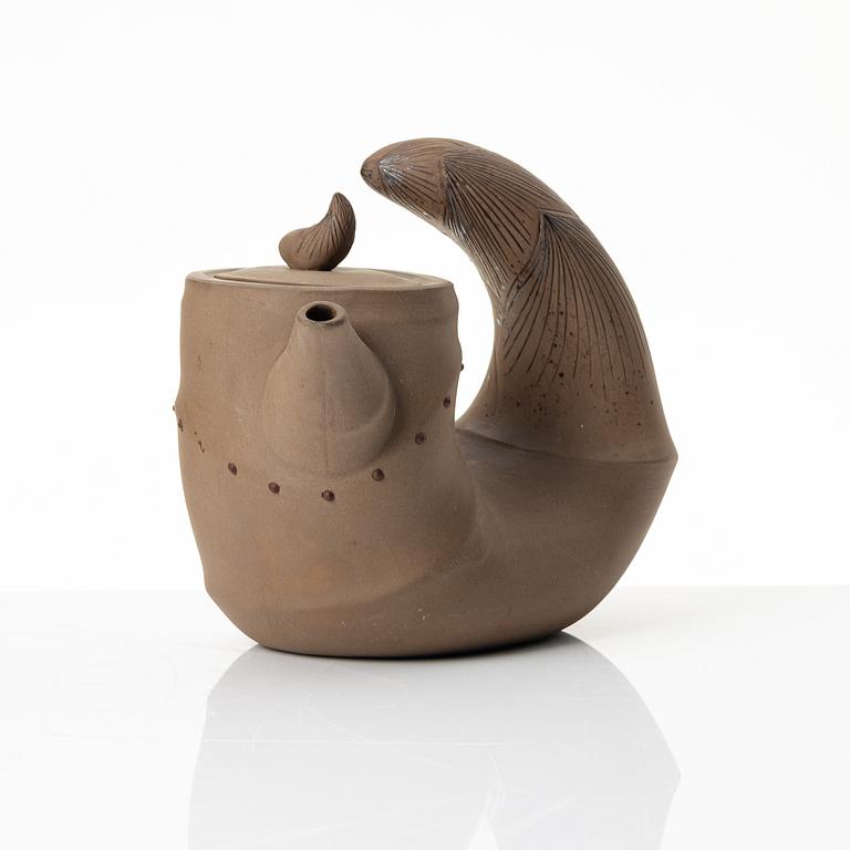A grey yixing 'bamboo shoot' teapot with six cups, China, 1980s.