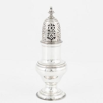 An English silver sugar shaker, marks of Benjamin Mordecai, London 1781.