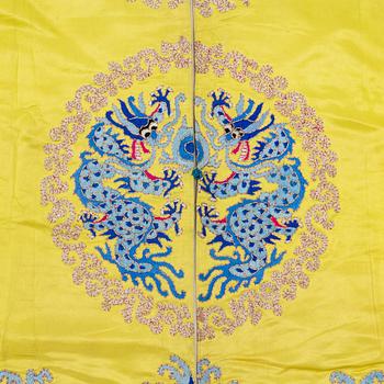 A yellow-ground embroidered silk robe, 20th century.