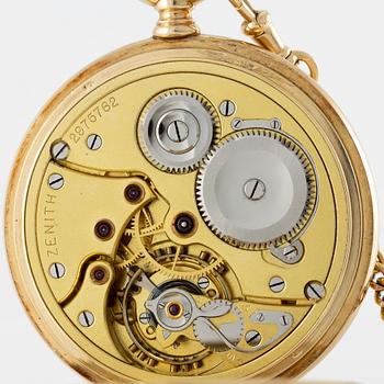 Zenith, pocket watch, 14K gold, hunter, with chain in 18K gold, 51.5 mm.