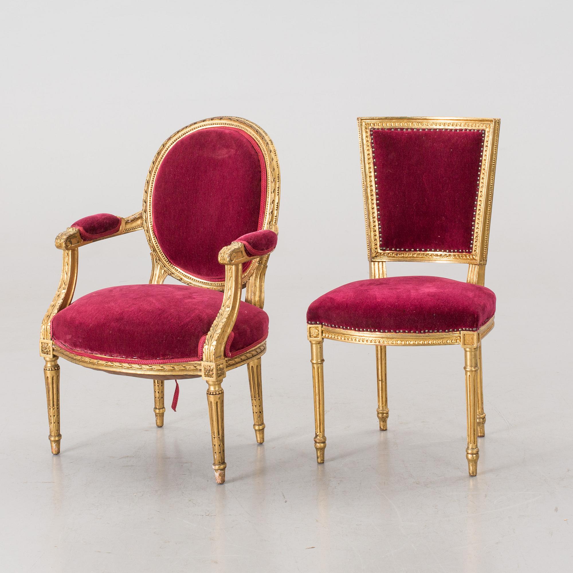 An Gustavian-style chair and armchair, early 1900's.