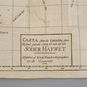 BOK, två delar i en vol, "Berättelse om de upptäckter...Söderhafwet..." av De Freville, Uppsala 1776.