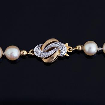 Cultured pearl necklace, clasp 18K gold with eight-cut diamonds.
