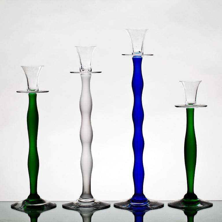 LJUSSTAKAR, 4 st, glas, "Celeste", Anne Nilsson, Orrefors, 1900-talets slut.