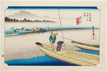ANDO HIROSHIGE, senare avdrag, mapp, "The fifty-three stations on the tokaido", utgiven av Kata Hanga Kenkyujo.