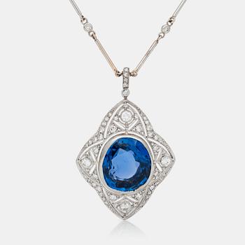 An unheated Ceylon sapphire and diamond necklace. Sapphire 14.92cts according to certificate from The Gem and Pearl Lab.