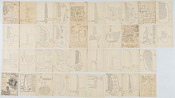 Birger Kaipiainen, samling originalskisser, 38 st, blyerts, på Rörstrands avlöningskontorets konteringskort, 1954 - 1958.