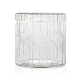 An Edward Hald engraved glass jar and cover "Apburen", Orrefors 1943.