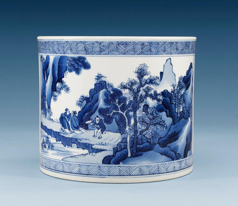 A blue and white brush pot, Qing dynasty, Kangxi (1662-1722).
