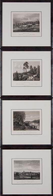 PARTI GRAVYRER, 4 st, stålstick, "En resa i Finland", A. Weger, 1870-tal.