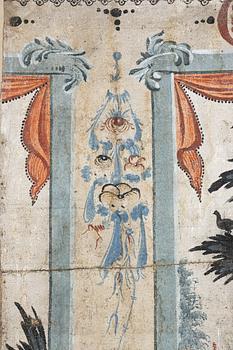 A nine-piece part folk art wall painting from Värmland, Sweden, late 18th century.