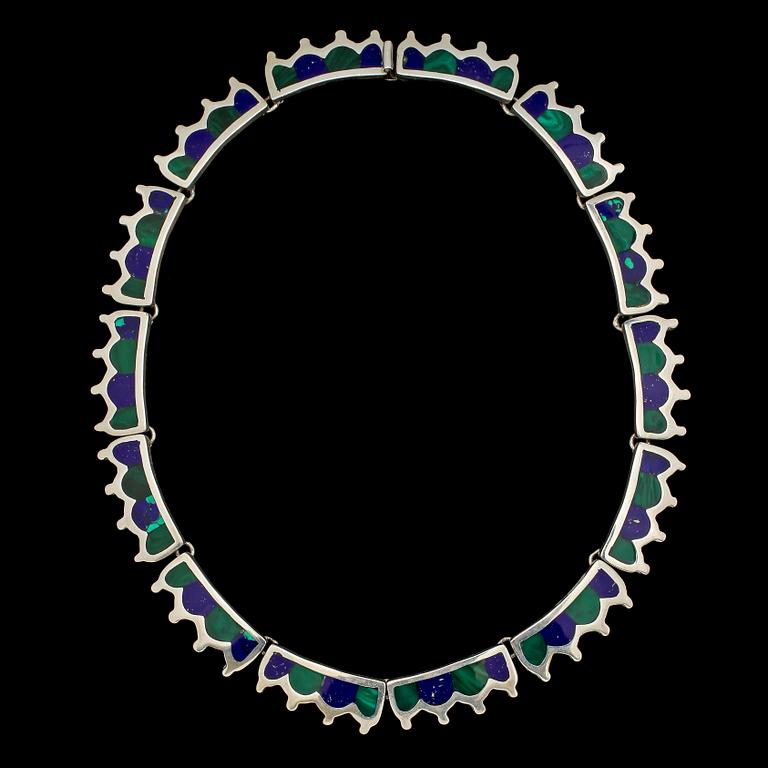 COLLIER, sterlingsilver med lapis lazuli samt malakit, Taxco, Mexico, 1900-talets senare hälft.  Vikt 91 g.