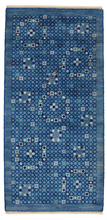 Barbro Nilsson, A CARPET, "Bankrabatten blå", knotted pile, ca 235,5 x 111 cm, signed AB MMF BN.