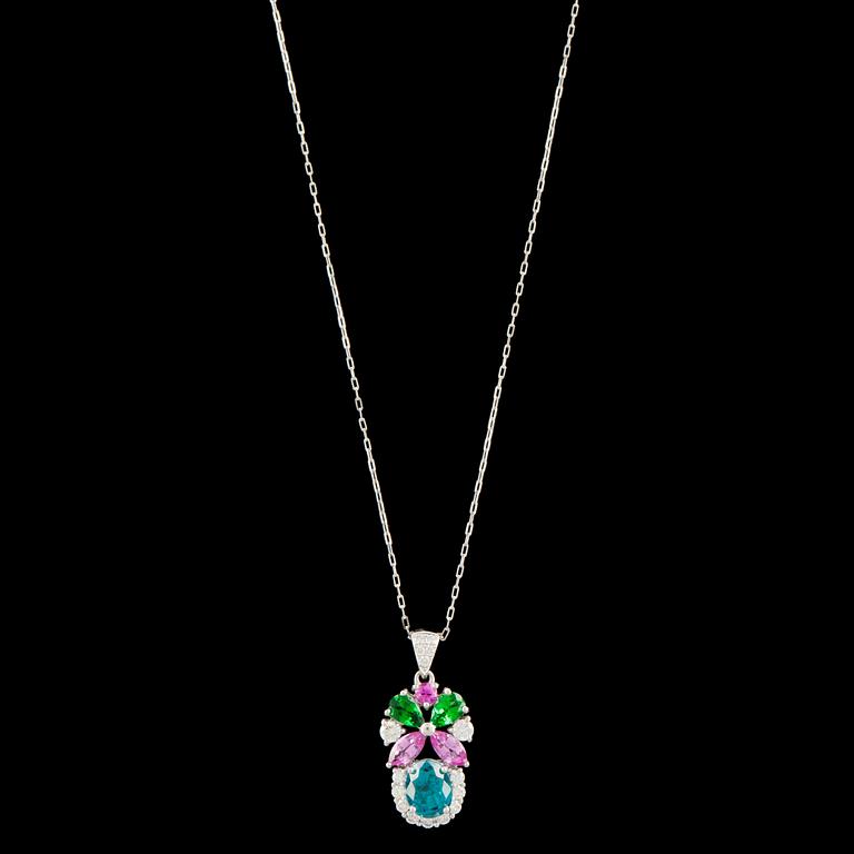 A blue zircon, 4.26 cts, brilliant cut diamond, pink sapphire and tsavorite garnet pendant.