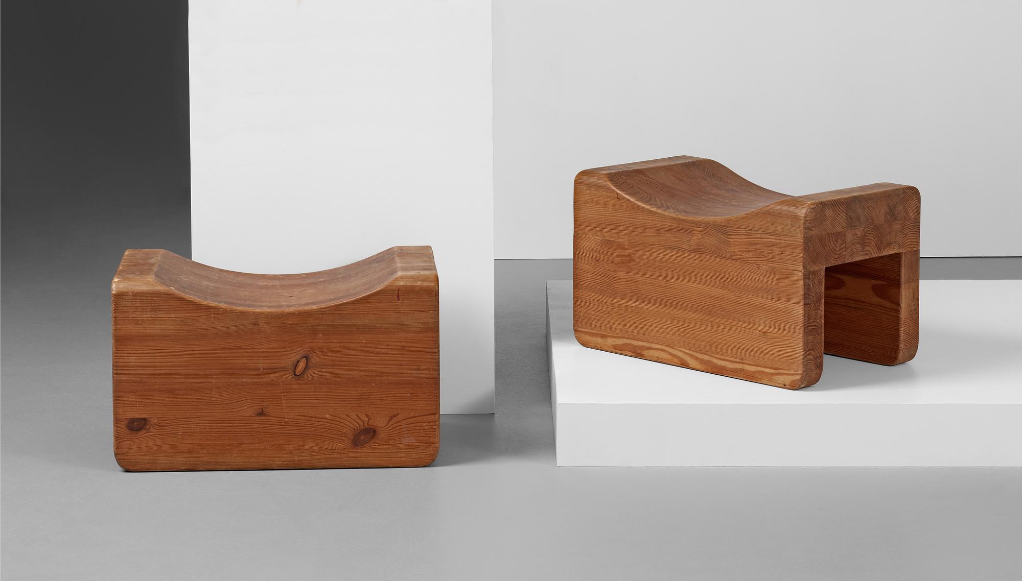 A pair of Axel Einar Hjorth pine stools, probably "Utö", Nordiska Kompaniet, Sweden 1930's.