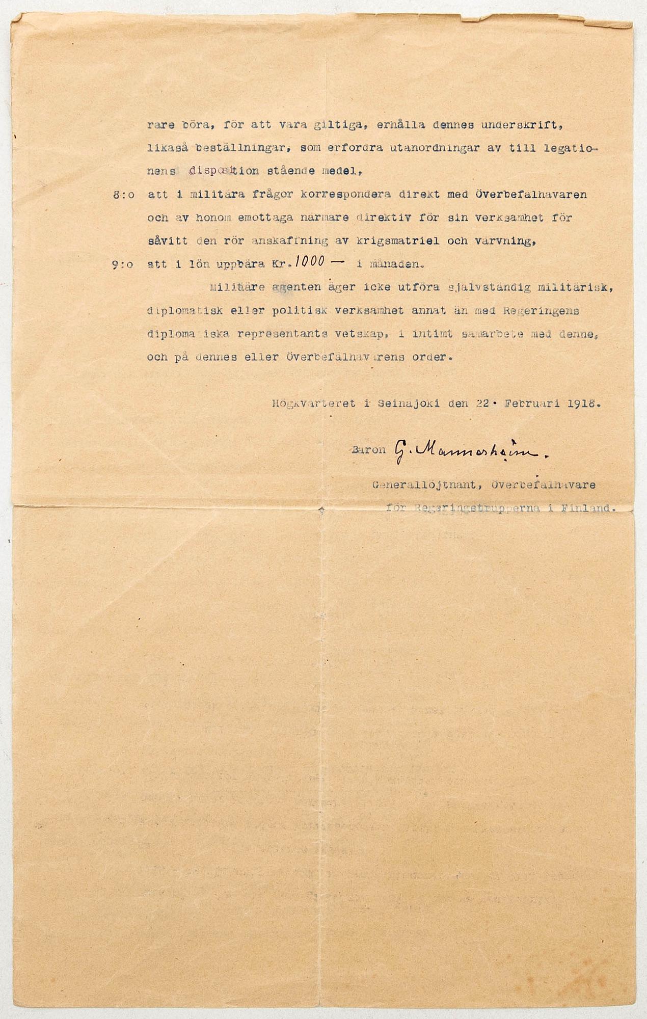 Gustaf Mannerheim 1867-1951, Finland, baron, military leader and statesman. Signed document Swedish Brigade 1918.