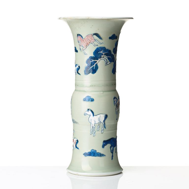 A celadon glazed blue and white vase, Qing dynasty, Kangxi (1662-1722).