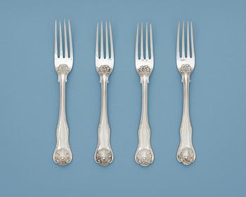 1027. An English 19th century set of four silver table-forks, marked George Adams, London 1846.