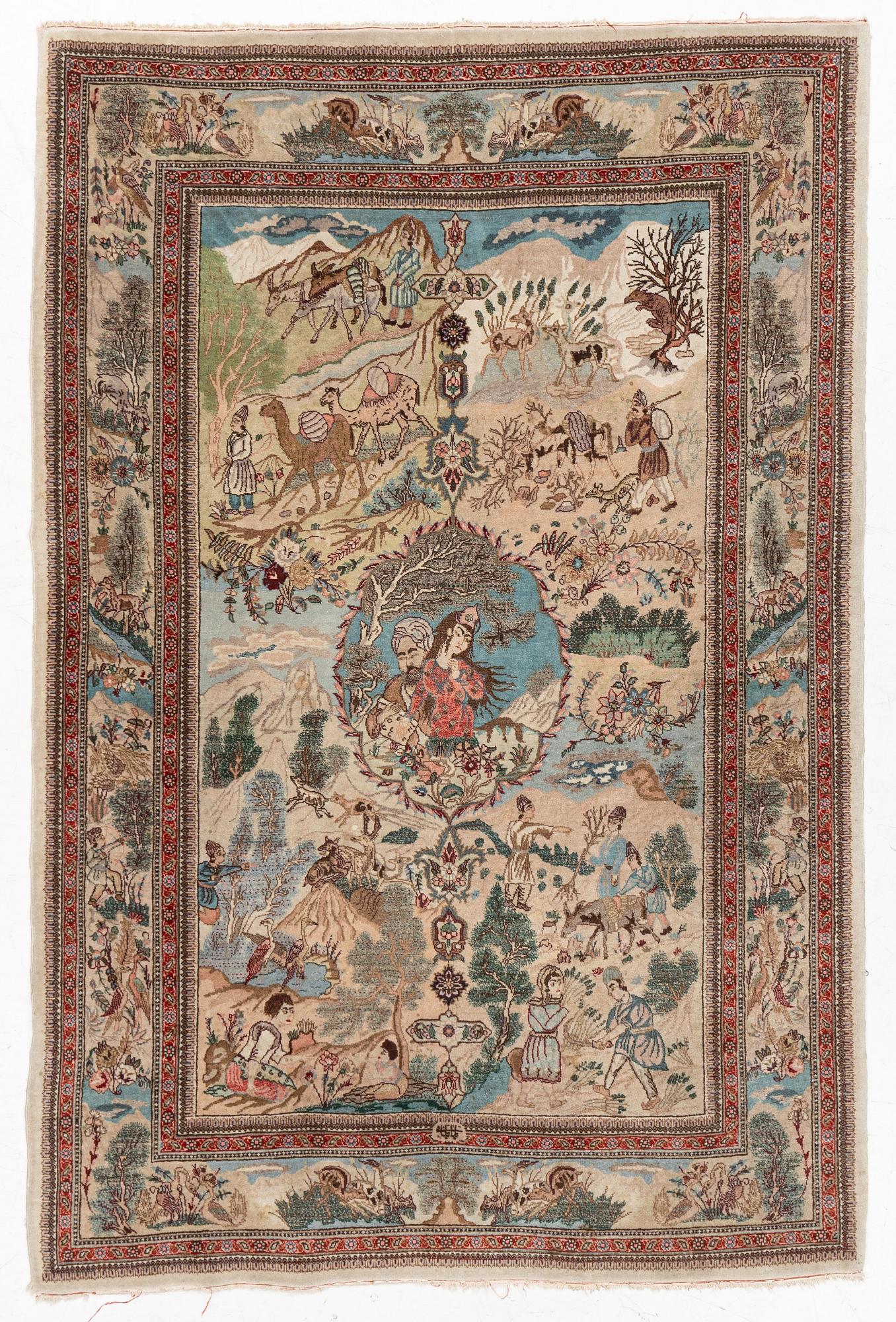 Rug, Tabriz, figural, signed Tabatabai, approx. 210 x 138 cm.