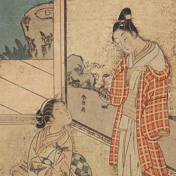 SUZUKI HARUNOBU (1724/25-70), efter, färgträsnitt. Japan, 1800-tal.