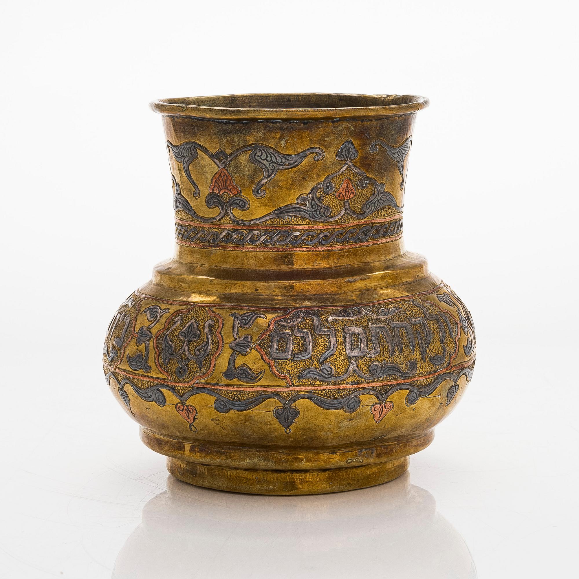 A Judaica vase in brass, copper and silver. Cairo ware with hebrew text. Egypt/Syria, turn of the 19th/20th century.