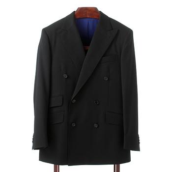 ROSE & BORN, a men's black wool suit consisting of jacket and pants.