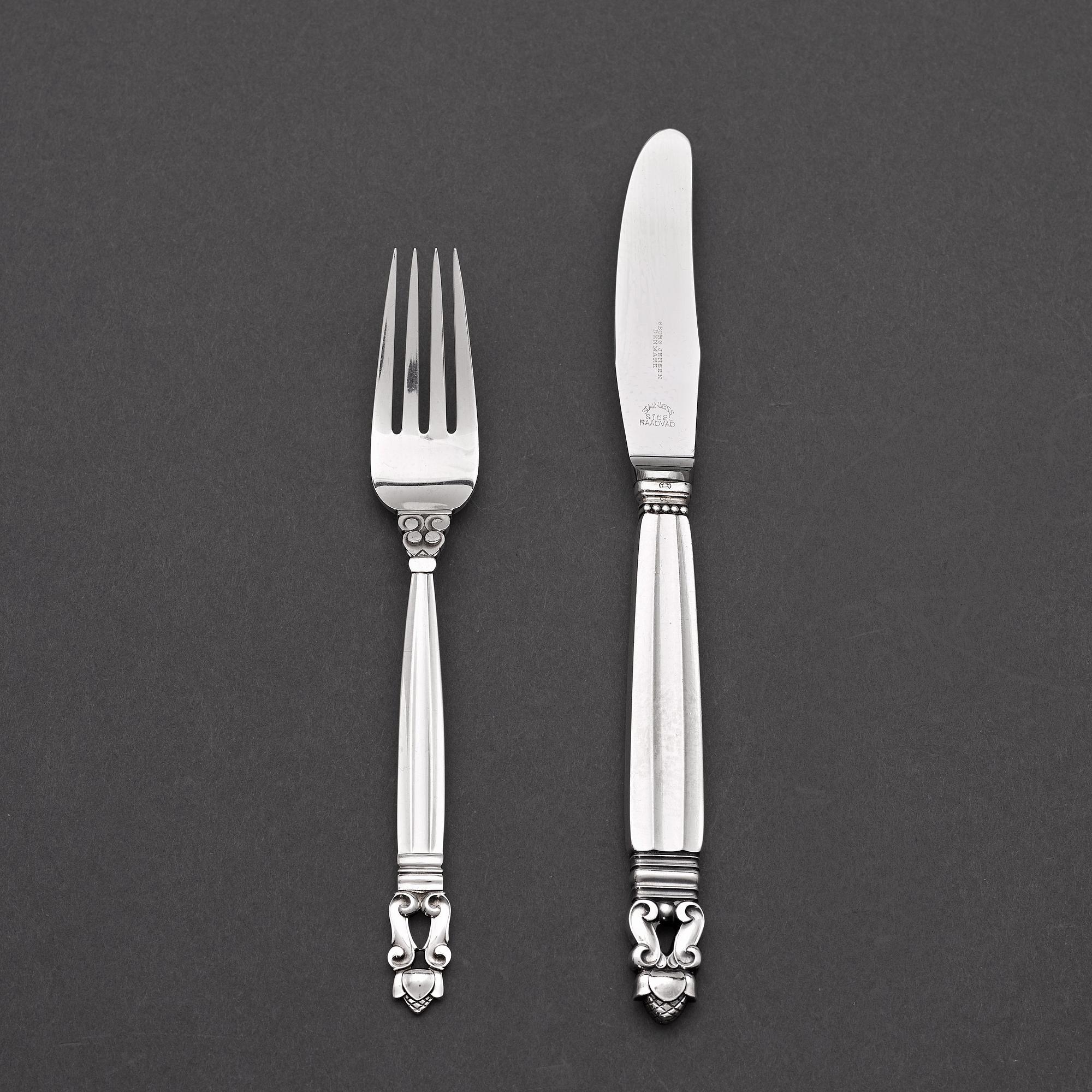 Johan Rohde, bestick, 24 delar, "Konge/Acorn", Georg Jensen Köpenhamn efter 1945, sterling och rostfritt stål.