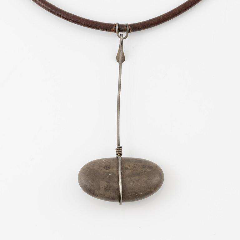 Vivianna Torun Bülow-Hübe, a necklace, silver with leather and a natural stone, excecuted in her own studio, most likely 1950's.