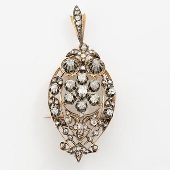Brosch/hänge 18K guld och silver med gammalslipade och rosenslipade diamanter, omkring sekelskiftet 1900.