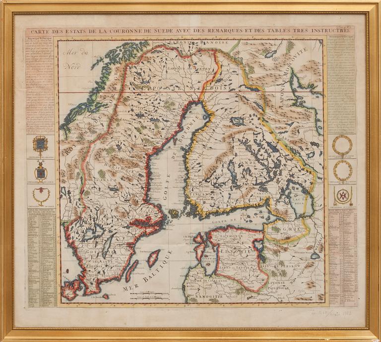 KARTA över Sverige, handkolorerad gravyr. 1700-tal.