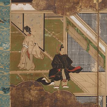 A Japanese six fold screen, Meiji (1868-1912).