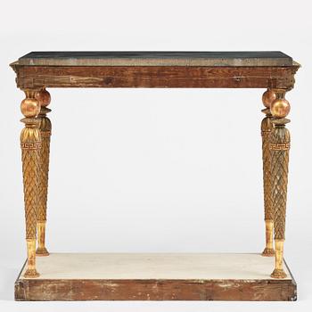 A late Gustavian giltwood console table in the manner of Jonas Frisk, Stockholm, circa 1800.
