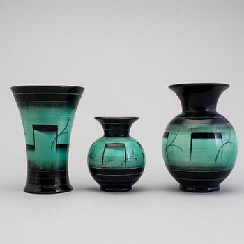 ILSE CLAESSON, 3 vaser, "Serie V", flintgods. Rörstrand 1930-tal.
