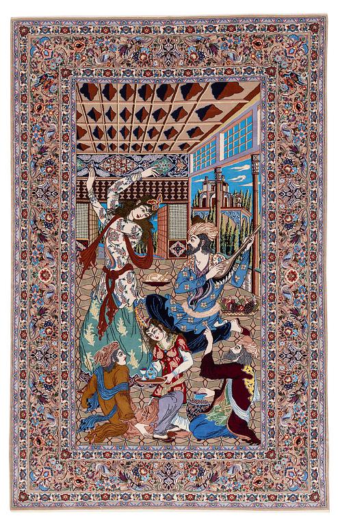 A pictoral Isfahan rug, part silk, c. 241 x 155 cm.